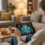 Person engaging with 13WIN. COM online games on a tablet in a cozy home setting.