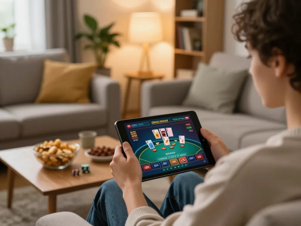 Person engaging with 13WIN. COM online games on a tablet in a cozy home setting.