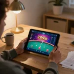 Experience the thrill of online poker gameplay on the 23Win app in a cozy home setting