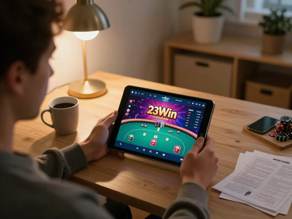 Experience the thrill of online poker gameplay on the 23Win app in a cozy home setting