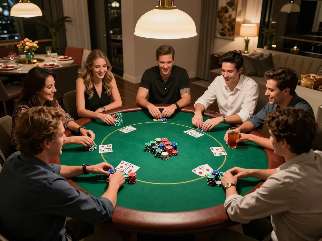 Capture of friends enjoying poker at home during a game night, showcasing 78win strategies in action.