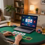 LLwin player enjoying a live dealer blackjack game in a cozy home setup, showcasing engaging online gaming.