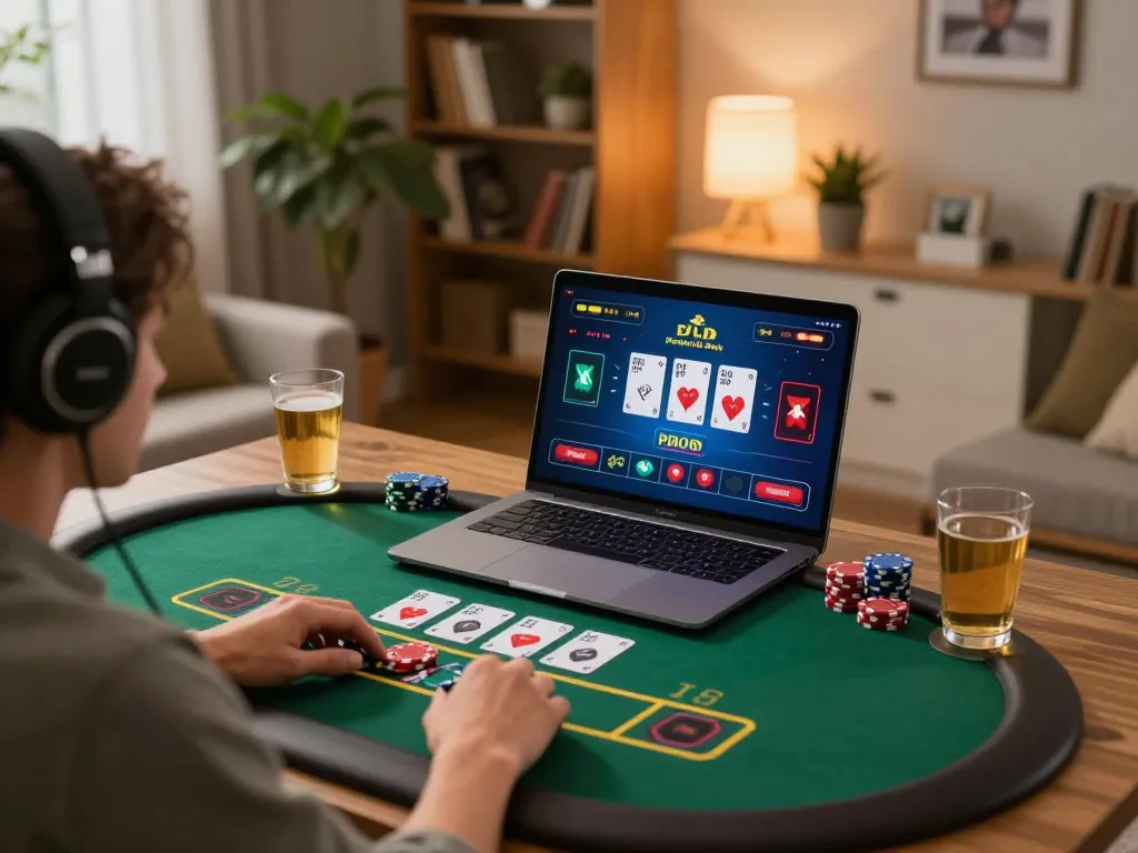 LLwin player enjoying a live dealer blackjack game in a cozy home setup, showcasing engaging online gaming.