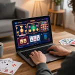Engaged player enjoying slots at fc88 online casino from home, showcasing strategic betting.