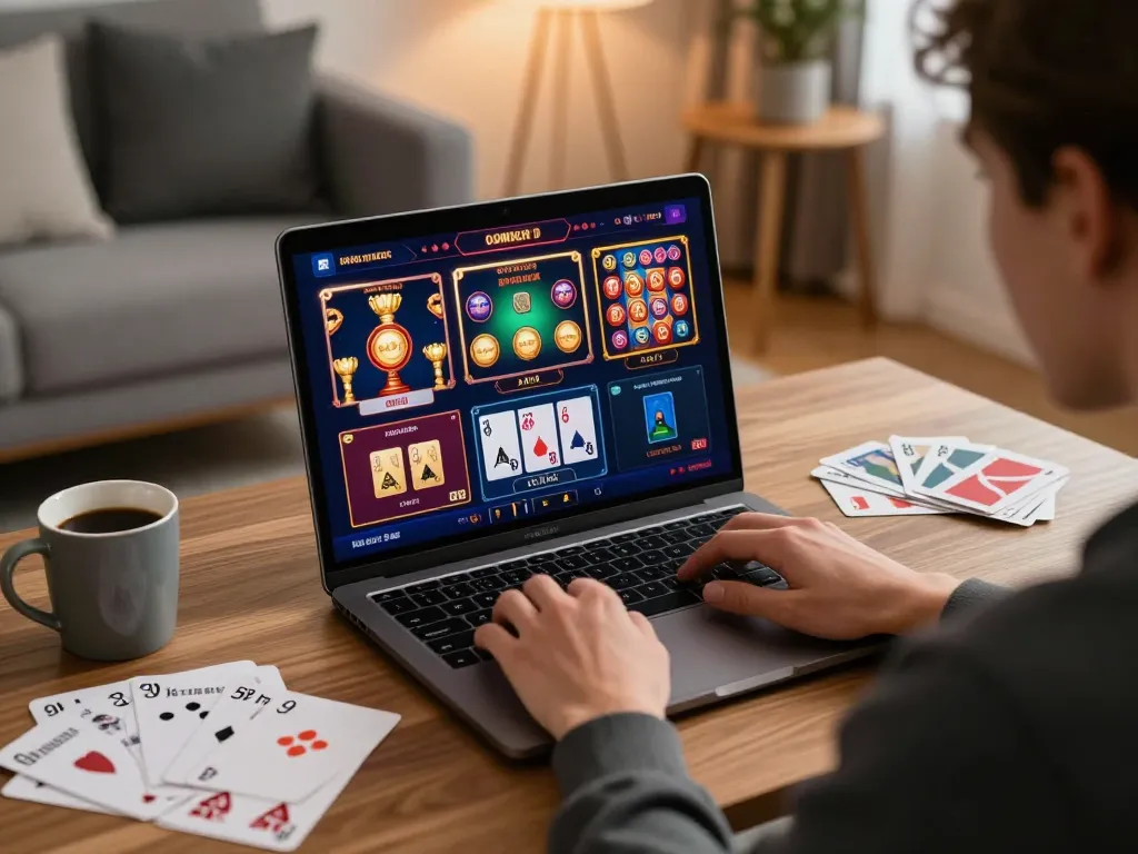 Engaged player enjoying slots at fc88 online casino from home, showcasing strategic betting.