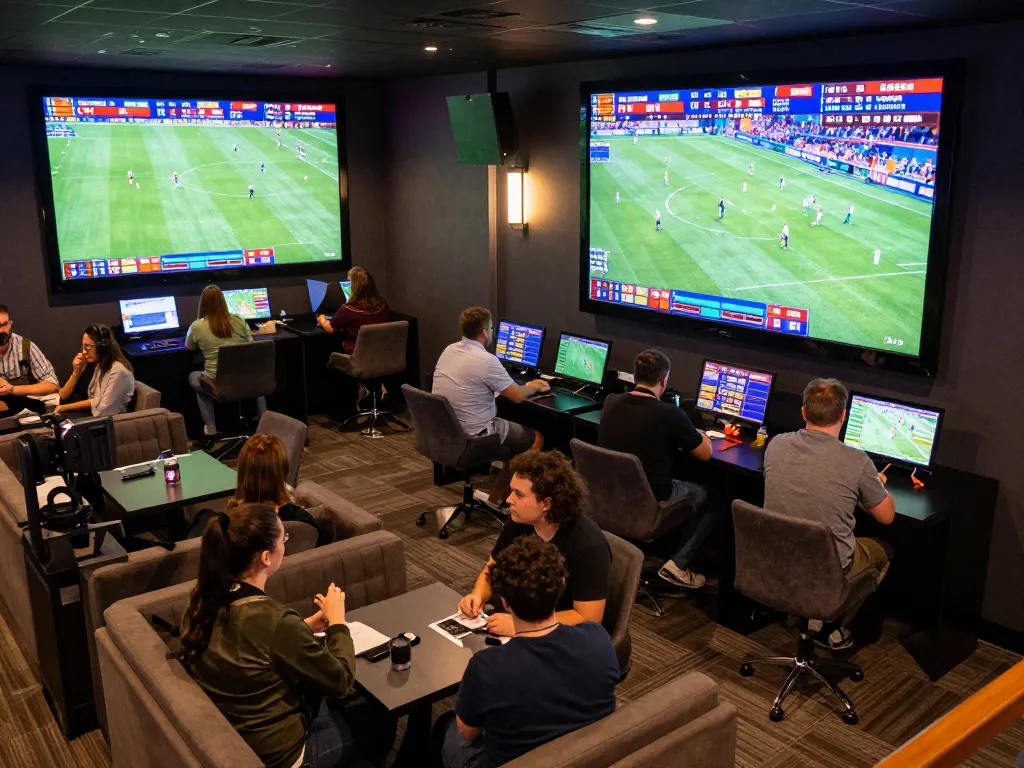 Engaging bettors analyzing odds at Luongson TV sports betting lounge during live matches.