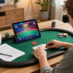 Engaging poker gameplay on a tablet for thabet as the player studies their strategy notes.