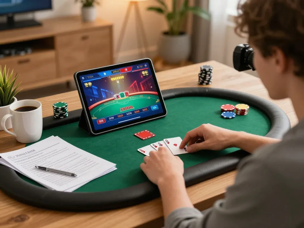 Engaging poker gameplay on a tablet for thabet as the player studies their strategy notes.