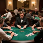 Players analyze ty le keo nha cai at an upscale casino poker table, highlighting strategic gameplay.