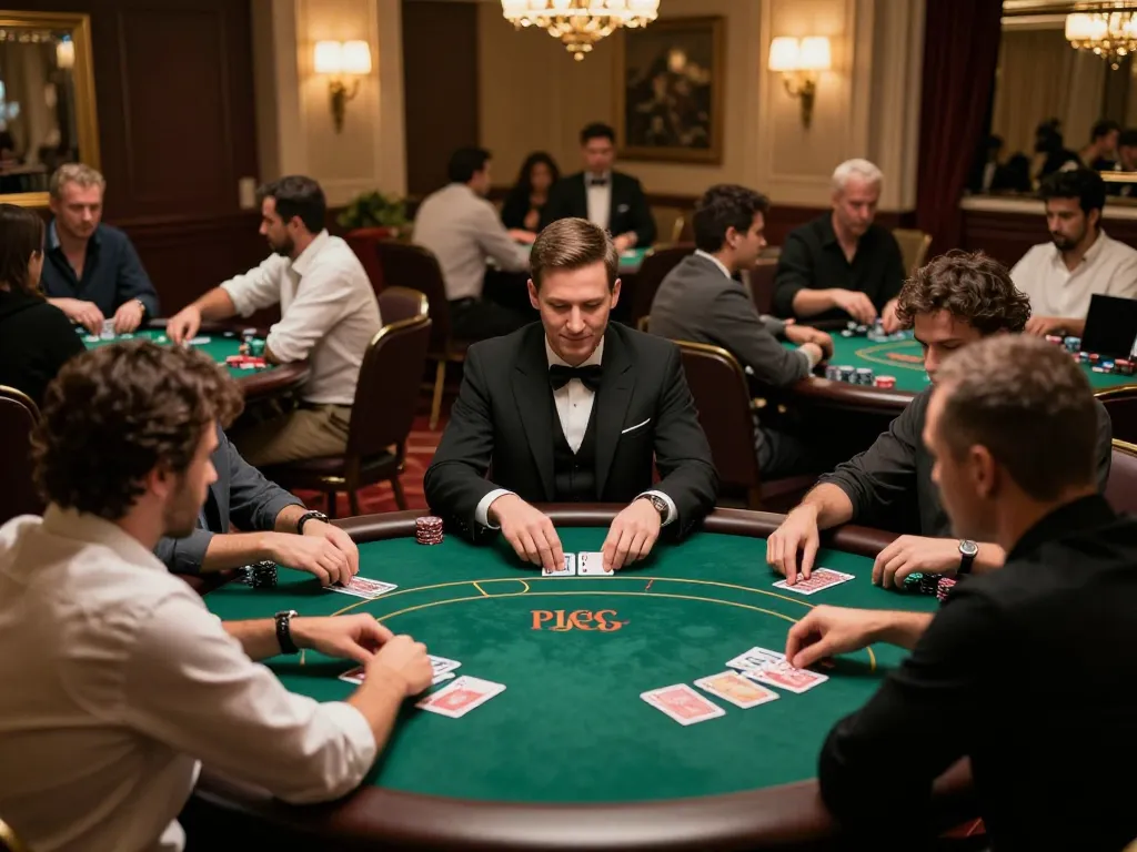 Players analyze ty le keo nha cai at an upscale casino poker table, highlighting strategic gameplay.