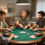 TR88 poker night scene with friends playing cards, vibrant chips, and illuminating drinks.
