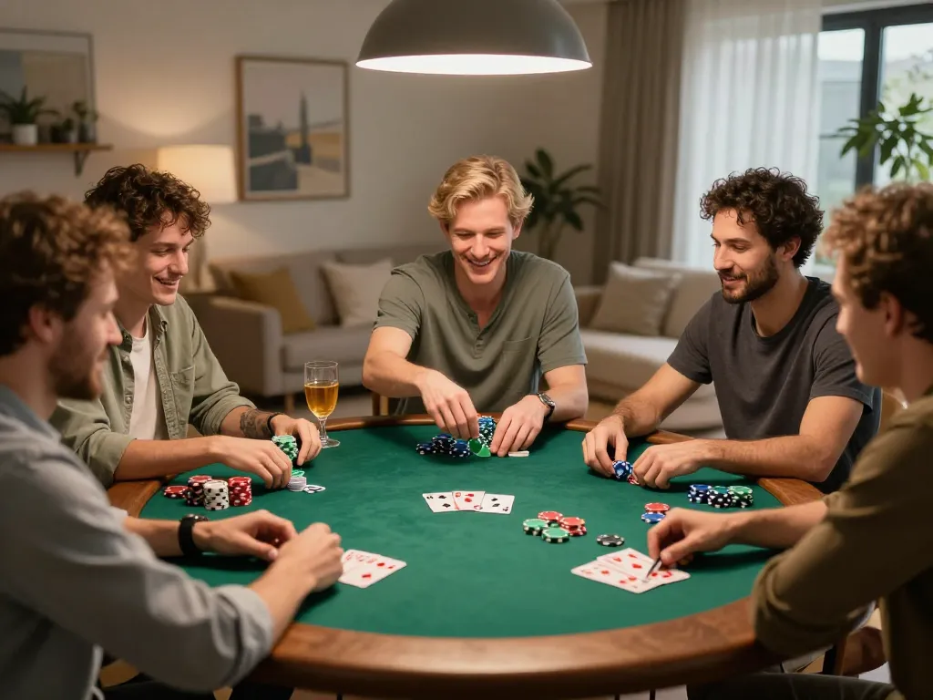 TR88 poker night scene with friends playing cards, vibrant chips, and illuminating drinks.