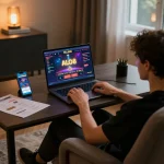 Person engaging with ALO8 online casino on a laptop in a cozy home setting, focusing on responsible gameplay