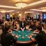 Players enjoying a dynamic game at 888now com blackjack table in an upscale casino atmosphere