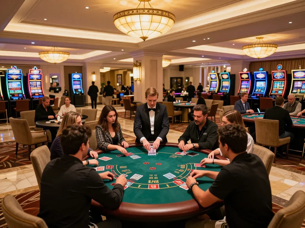 Players enjoying a dynamic game at 888now com blackjack table in an upscale casino atmosphere