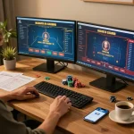 I9BET gaming enthusiast engaging in online betting at home, showcasing strategy notes and gaming interface.