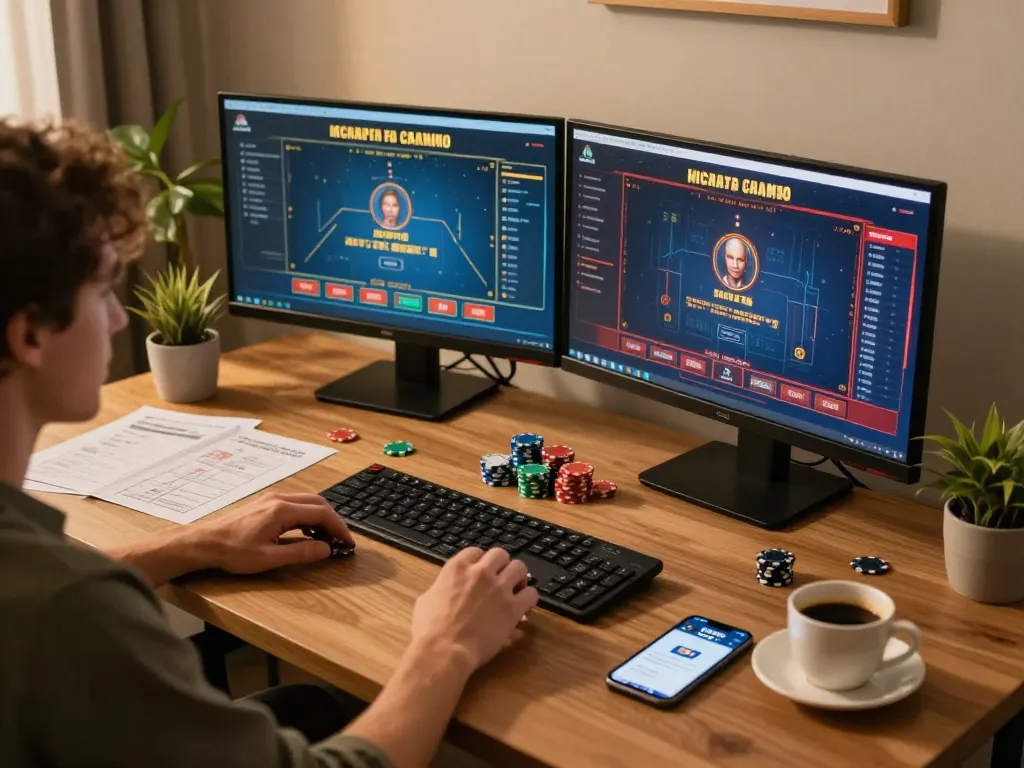 I9BET gaming enthusiast engaging in online betting at home, showcasing strategy notes and gaming interface.