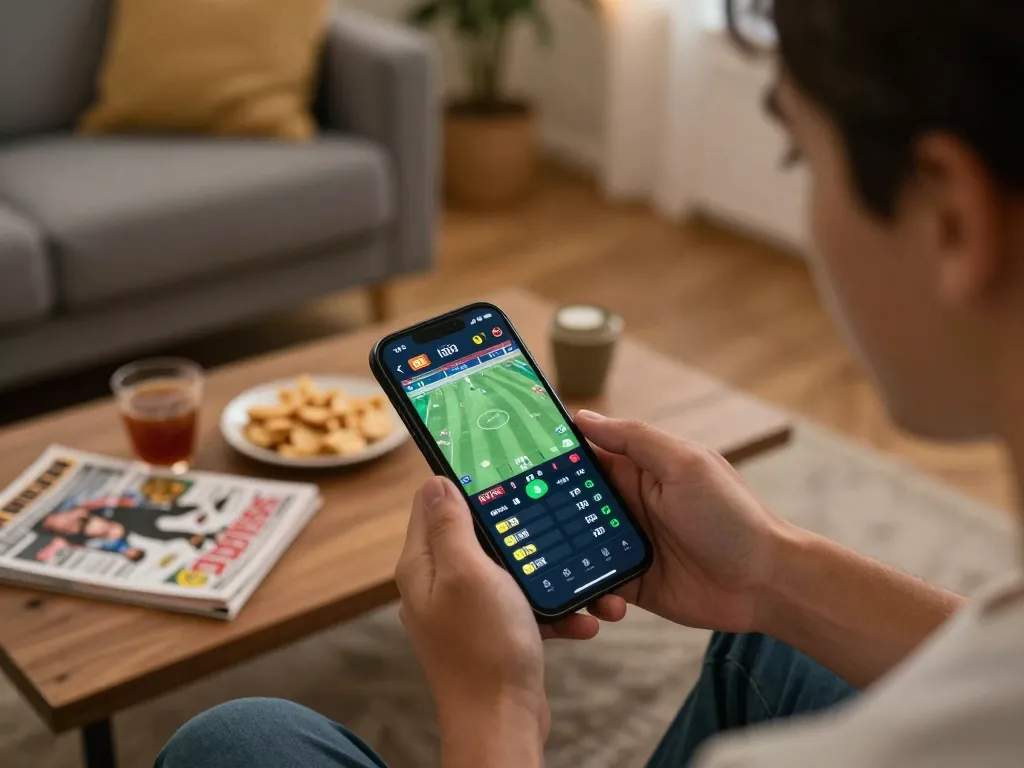 open88 user placing bets during live sports event on smartphone in cozy home setting