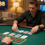 Player engaging in strategic blackjack game at LV88 online casino, showcasing cards and betting actions in a vibrant setting.