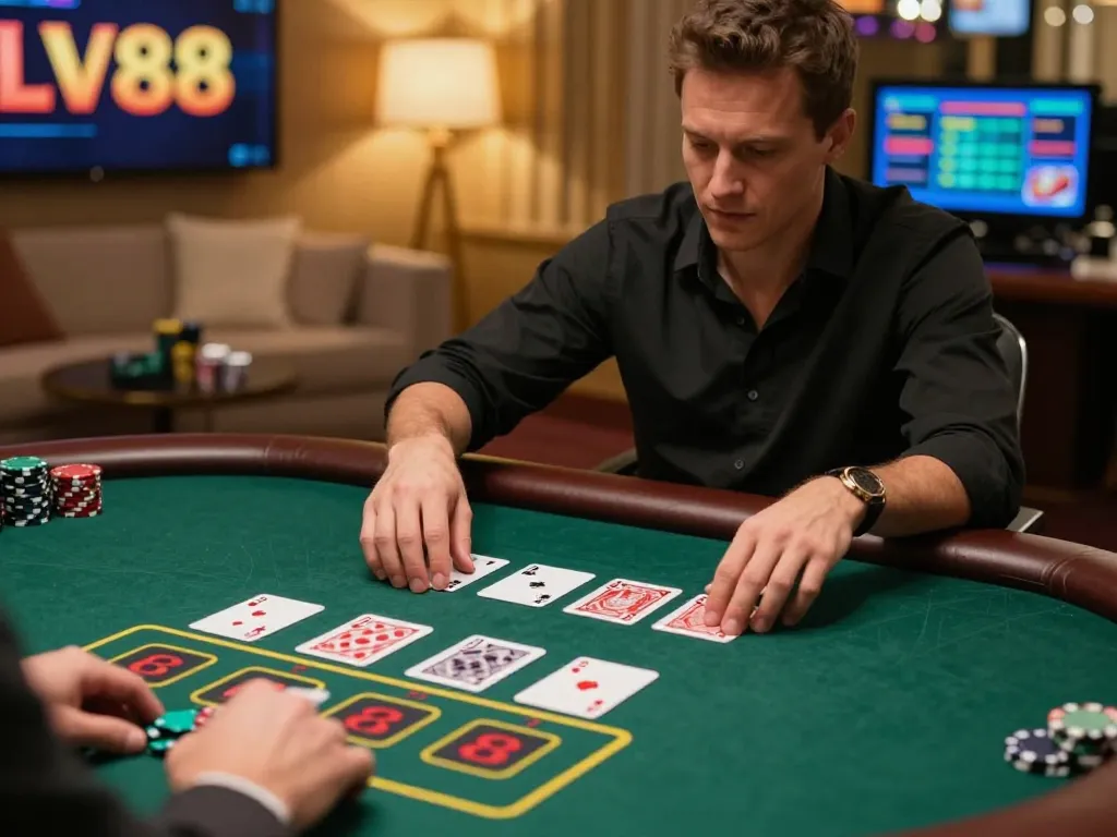 Player engaging in strategic blackjack game at LV88 online casino, showcasing cards and betting actions in a vibrant setting.