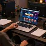 TWIN68 player engaging with online casino game on laptop at cozy desk