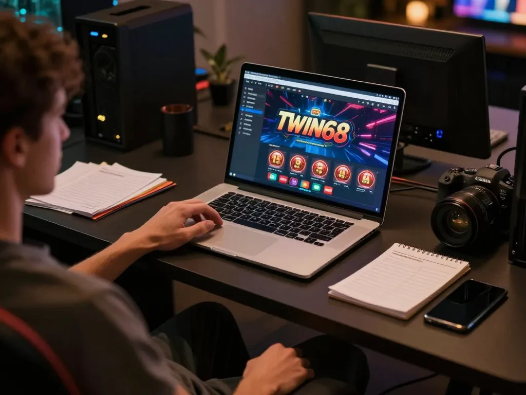 TWIN68 player engaging with online casino game on laptop at cozy desk