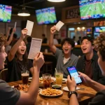 Experience live sports betting excitement with kp88 app in a vibrant sports bar.
