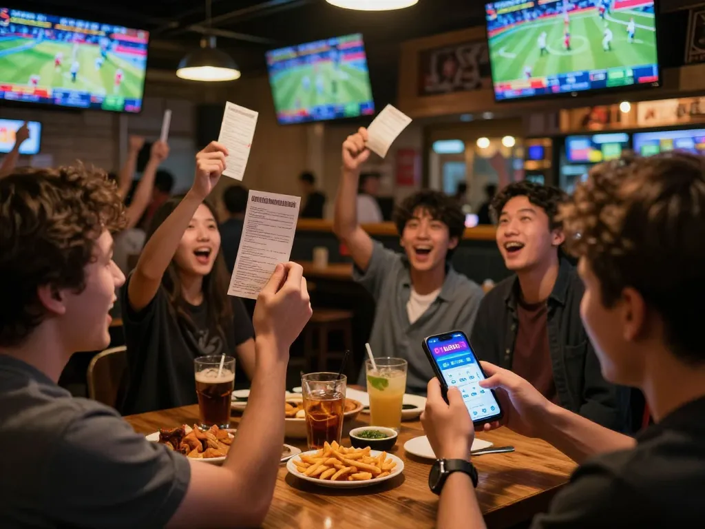 Experience live sports betting excitement with kp88 app in a vibrant sports bar.
