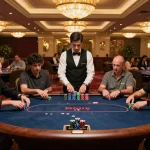 Experience excitement at Red88 casino poker table with players engaged in high-stakes gameplay.