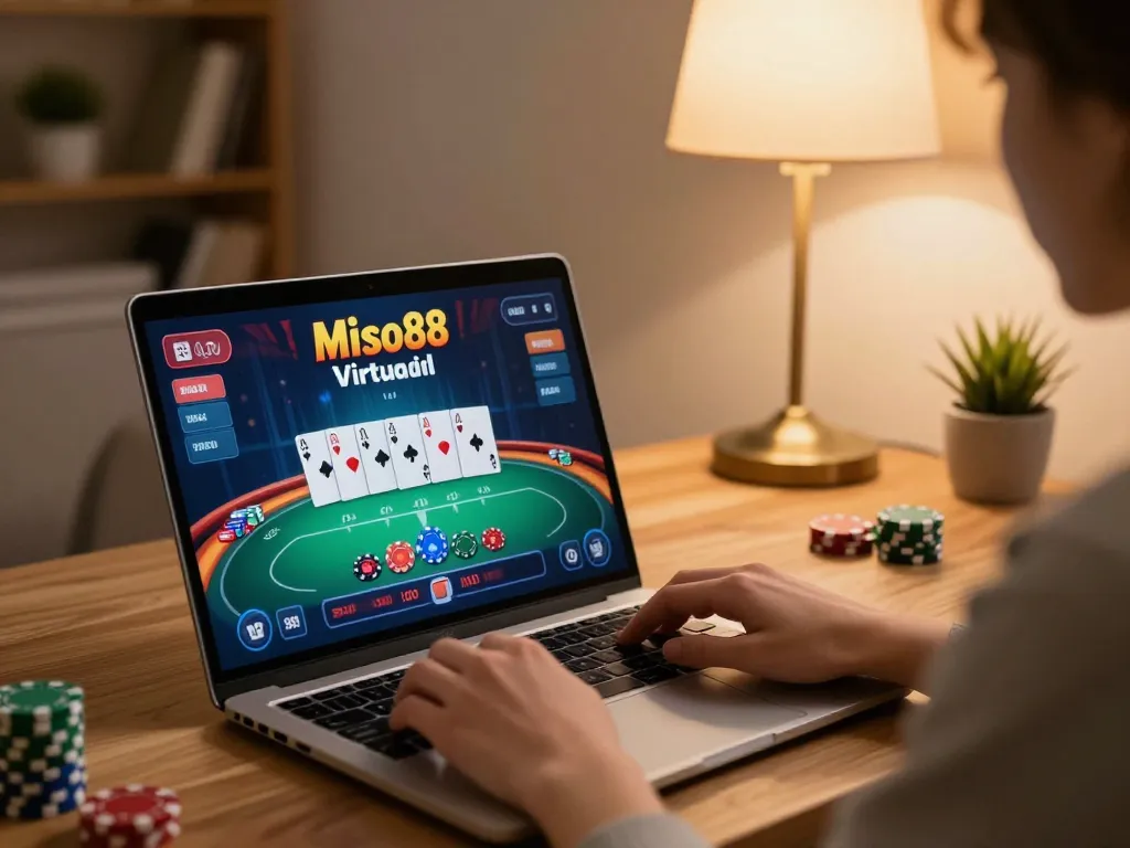 Miso88 poker action on a laptop displaying strong gameplay, highlighting a focused player experience.