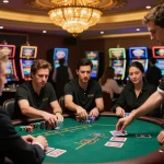 Intense blackjack gameplay at a casino with players and dealer, focusing on alo8 strategy.