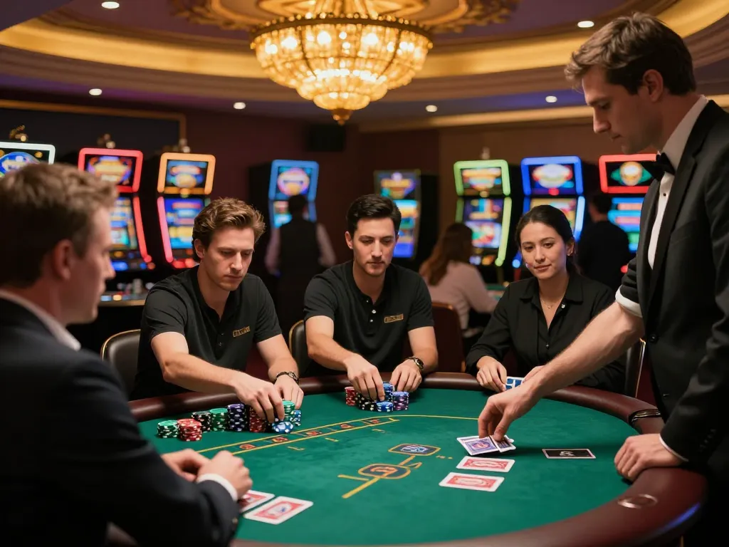 Intense blackjack gameplay at a casino with players and dealer, focusing on alo8 strategy.