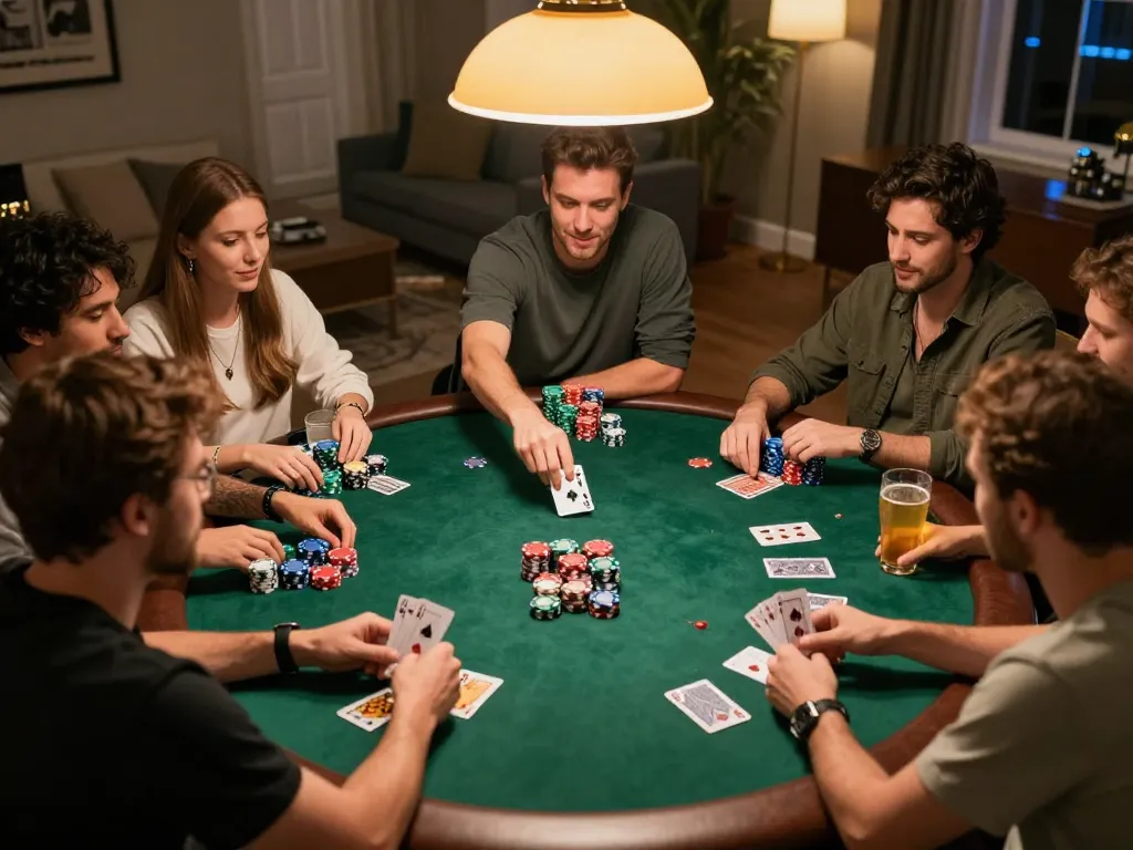 Exciting home poker night showcasing the Link mới Tx88 with friends enjoying competitive gameplay and strategic card moments.