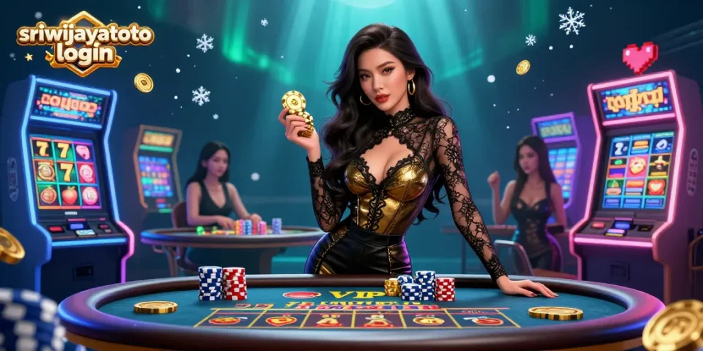 Sriwijayatoto login showcasing a beautiful Asian woman at VIP baccarat with golden chips amidst vibrant casino elements.