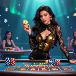 Sriwijayatoto login showcasing a beautiful Asian woman at VIP baccarat with golden chips amidst vibrant casino elements.
