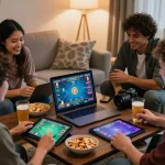 Exciting online gaming session with friends at home using jun88pl com, showcasing camaraderie and vibrant game visuals.