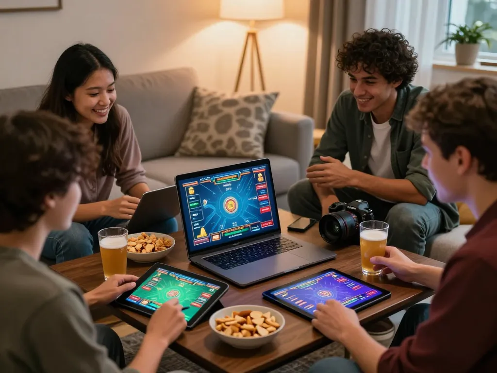 Exciting online gaming session with friends at home using jun88pl com, showcasing camaraderie and vibrant game visuals.