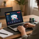 Player engaging in U888 live dealer blackjack from a cozy home office