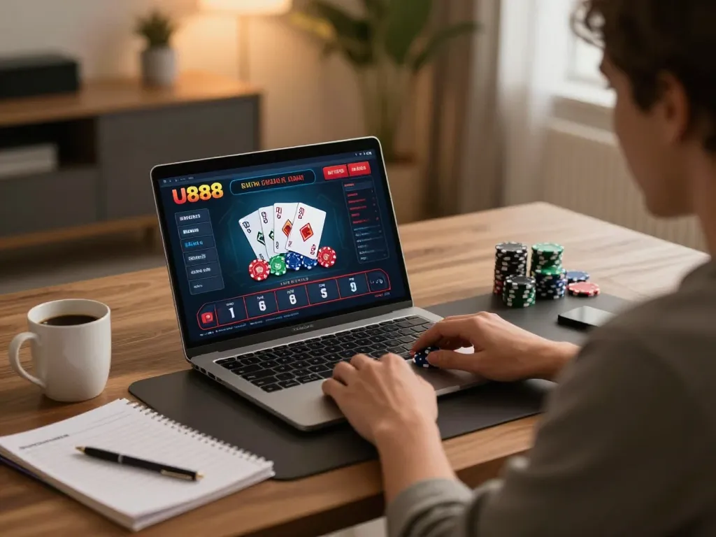 Player engaging in U888 live dealer blackjack from a cozy home office