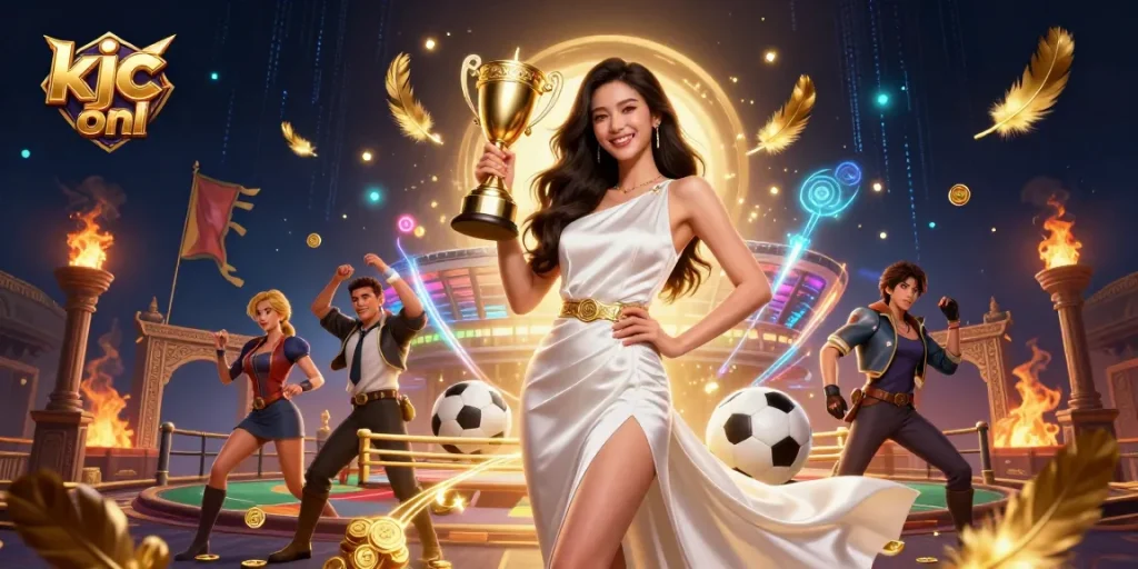 Bet on thrilling victories with KJC onl's vibrant casino scene featuring a confident champion.