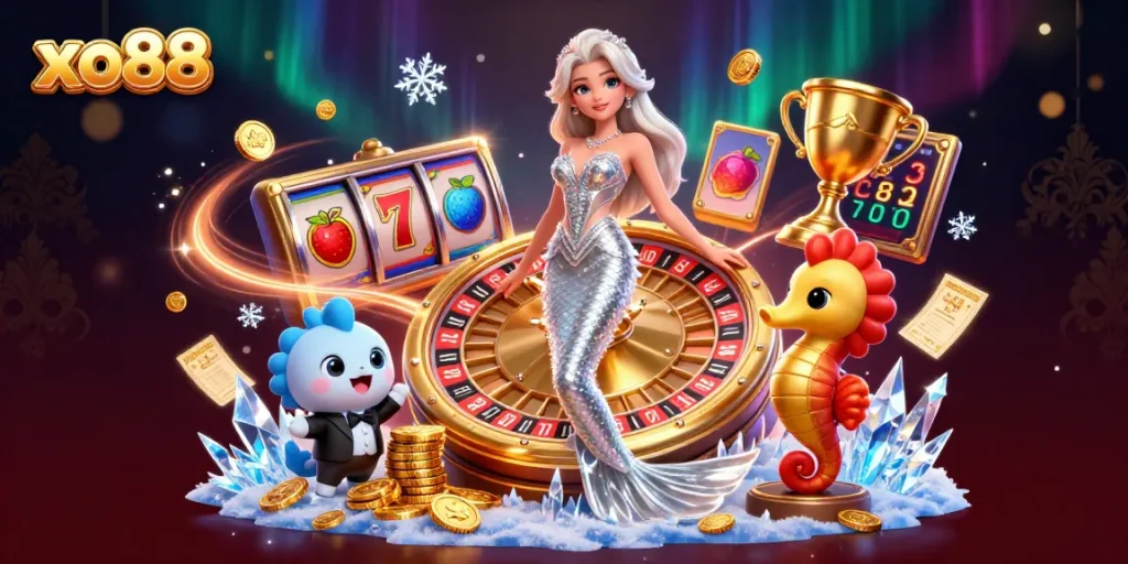 Experience the excitement with xo88's engaging games, featuring elegant characters and vibrant slot elements.