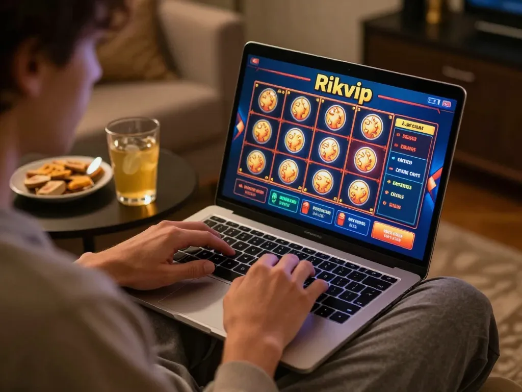 Player engaging in exciting gameplay at rikvip online casino, highlighting strategic betting options in a cozy home setting.