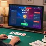 Engaging user interface of VU88 during an online poker game depicts strategy and interactive fun.