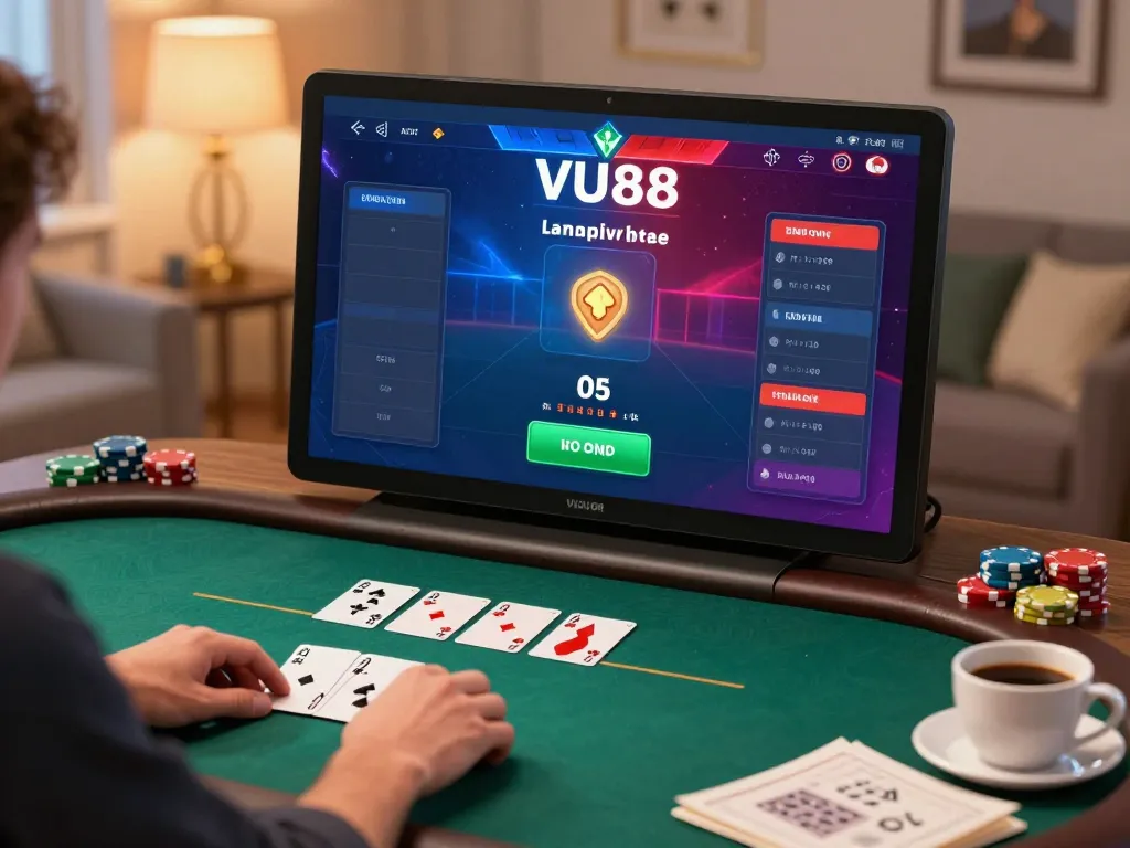 Engaging user interface of VU88 during an online poker game depicts strategy and interactive fun.