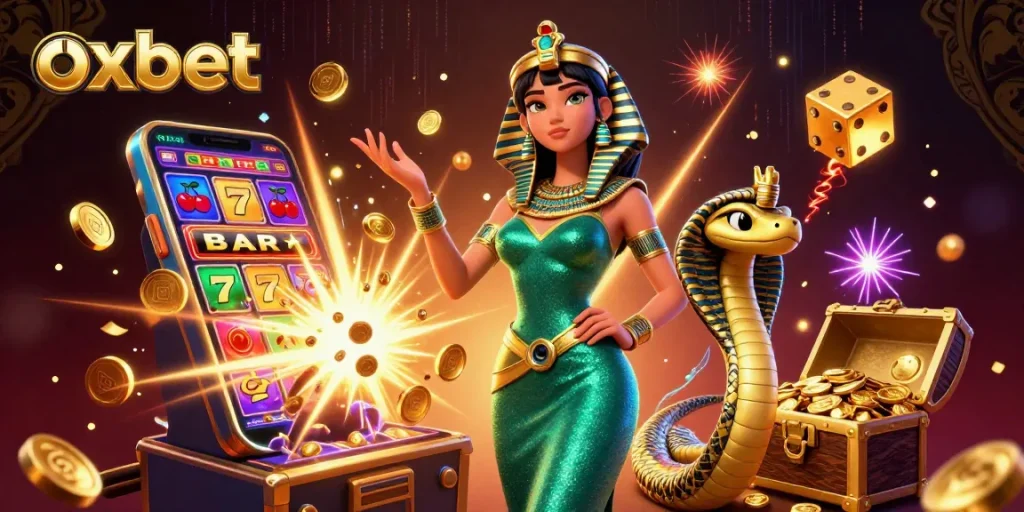 Engage in exciting gameplay at OXBET casino with vibrant slot machines and a stunning oasis atmosphere.