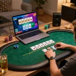 Engaged player using RIKVIP for an exciting live dealer poker session at home.