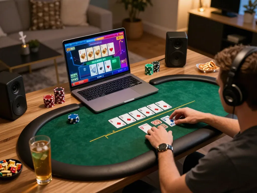 Engaged player using RIKVIP for an exciting live dealer poker session at home.