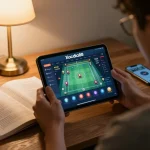 Xocdia88 player enjoying online gaming on a tablet with strategic notes nearby.
