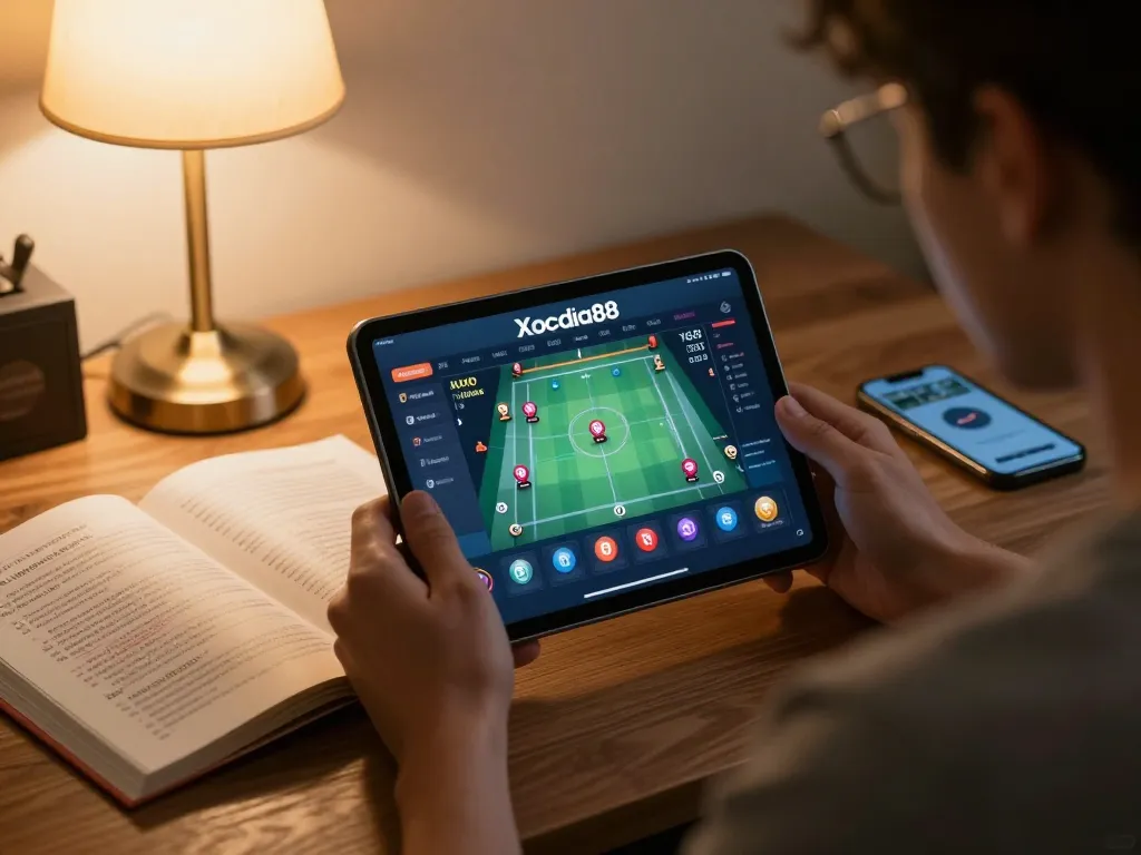 Xocdia88 player enjoying online gaming on a tablet with strategic notes nearby.