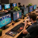 Gamer engaging with nhà cái mm88 online casino games on multiple screens, illustrating a strategic and exciting gaming experience.